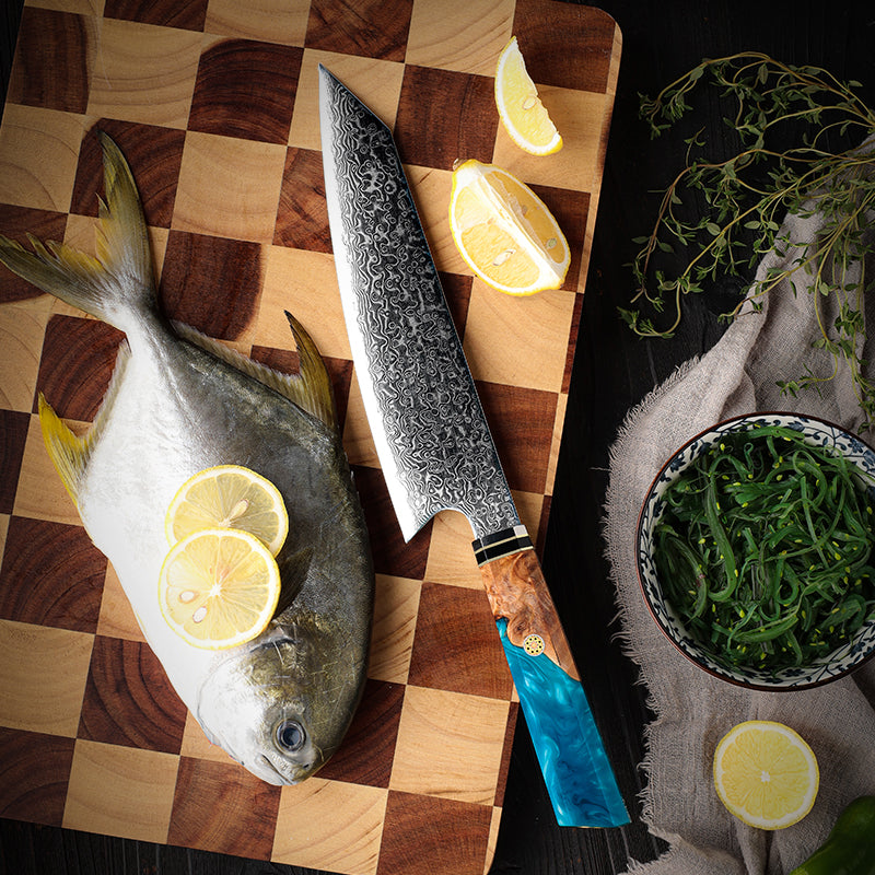 8" Damascus Steel Chef Knife - Green Resin & Wooden Handle Edition