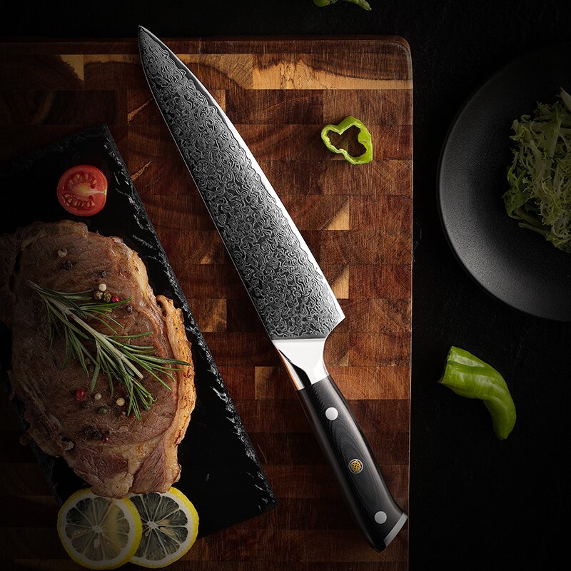 8" Damascus Steel Chef Knife - Black Handle Edition