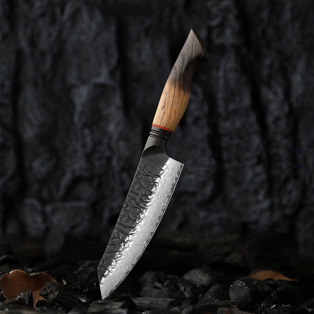 5.5" Damascus Steel Santoku Knife - White Oak Burnt Wood Handle Edition