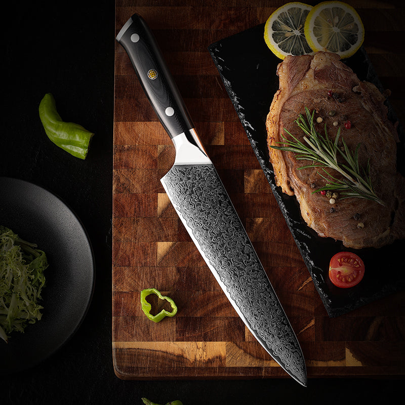 8" Damascus Steel Chef Knife - Black Handle Edition