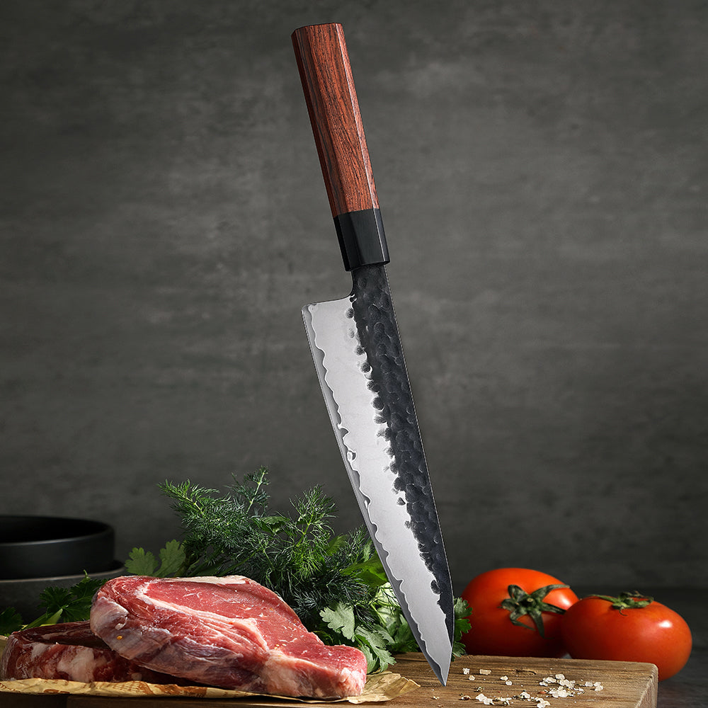 8.5" Damascus Steel Chef Knife -  Red Wood & Buffalo Horn Handle Edition