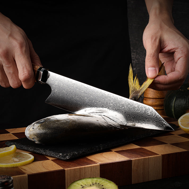 8" Damascus Steel Chef Knife - Green Resin & Wooden Handle Edition