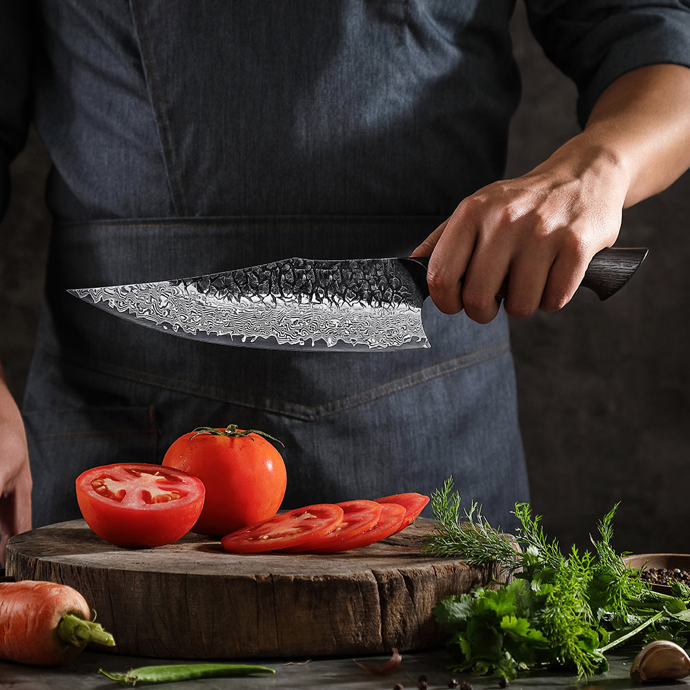 8.5" Damascus Steel Chef Knife - White Oak Burnt Wood Handle Edition