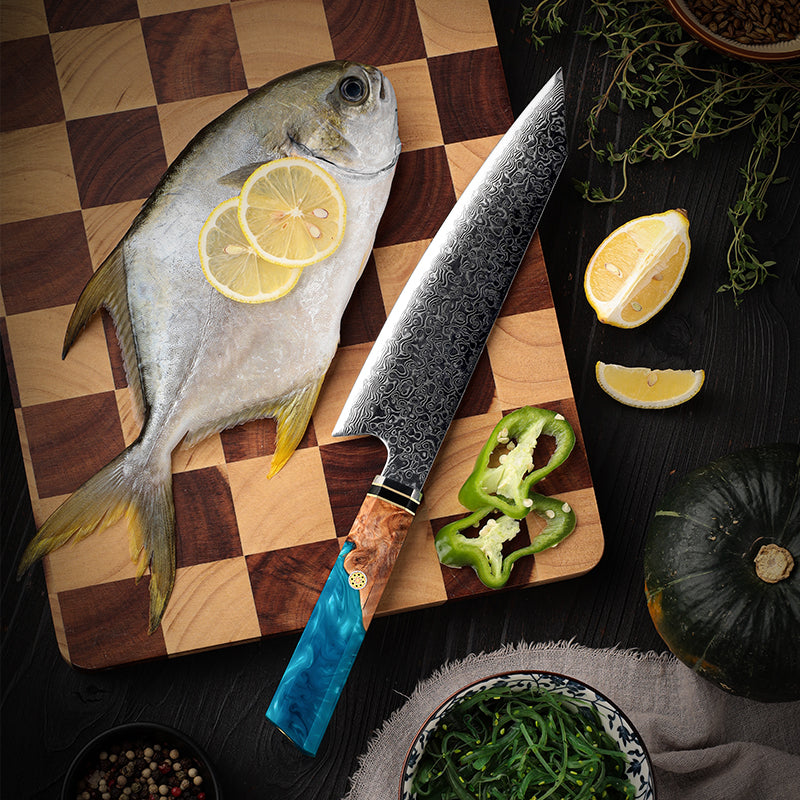 8" Damascus Steel Chef Knife - Green Resin & Wooden Handle Edition
