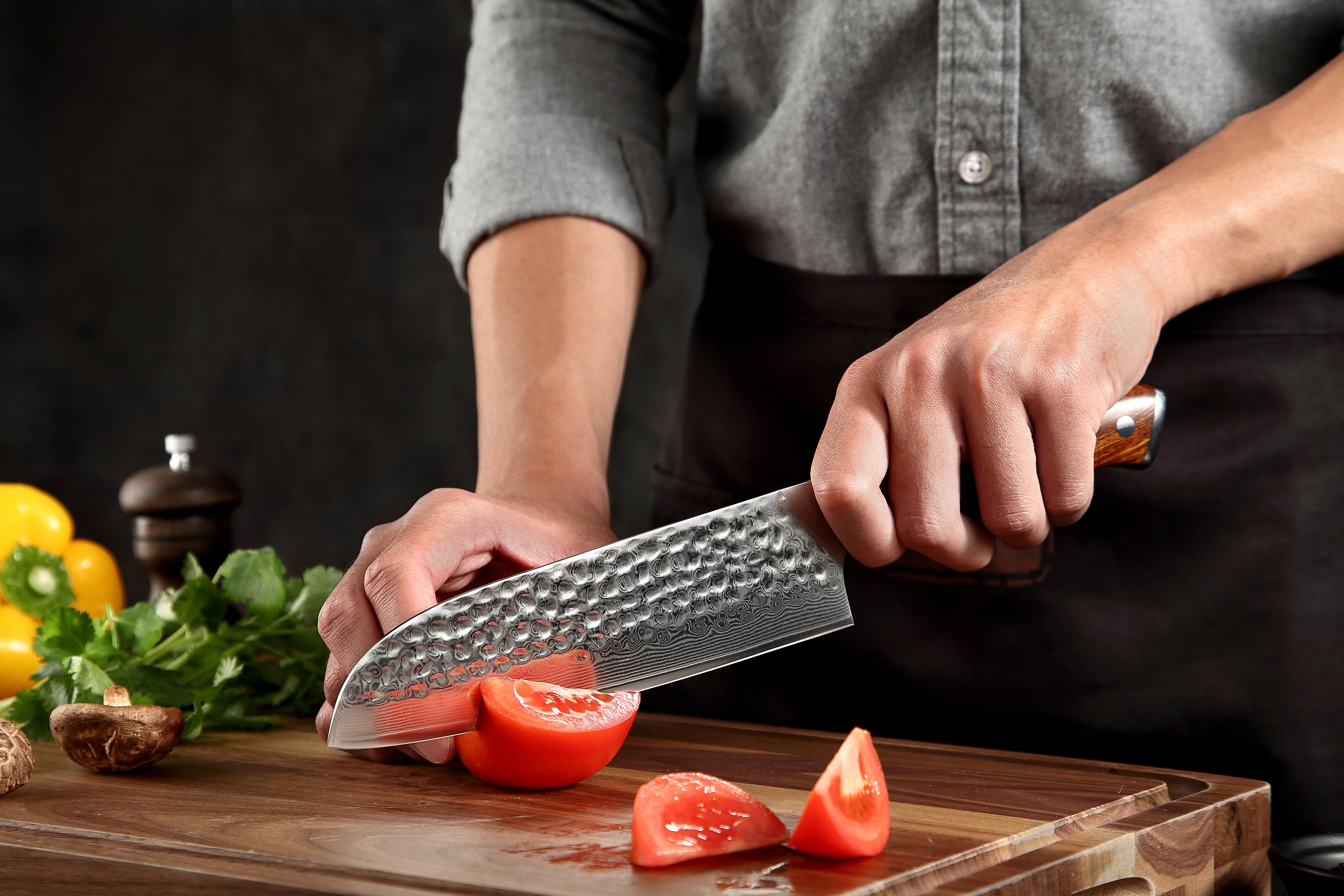 7" Damascus Steel Santoku Knife - Natural Desert Ironwood Handle Edition