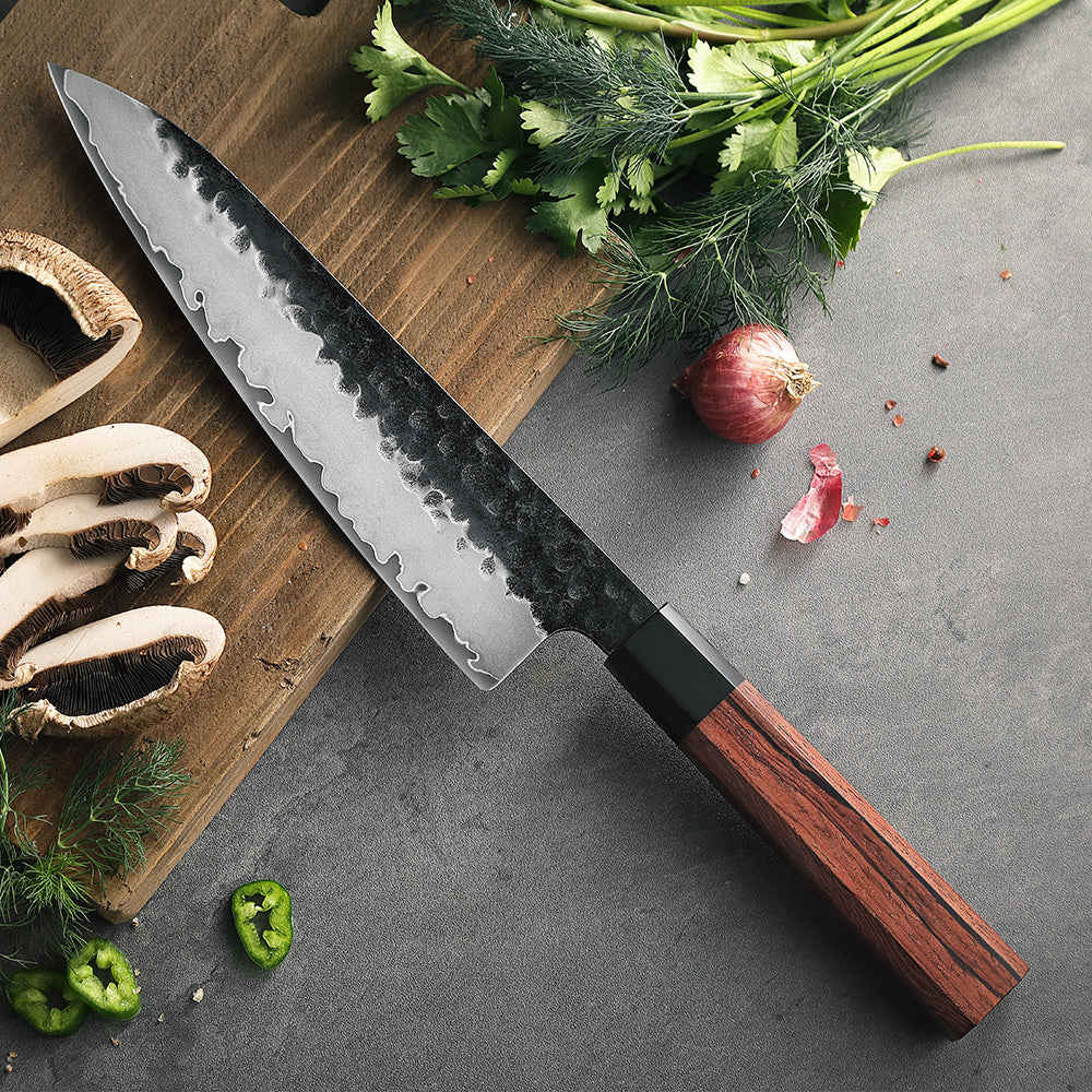 8.5" Damascus Steel Chef Knife -  Red Wood & Buffalo Horn Handle Edition