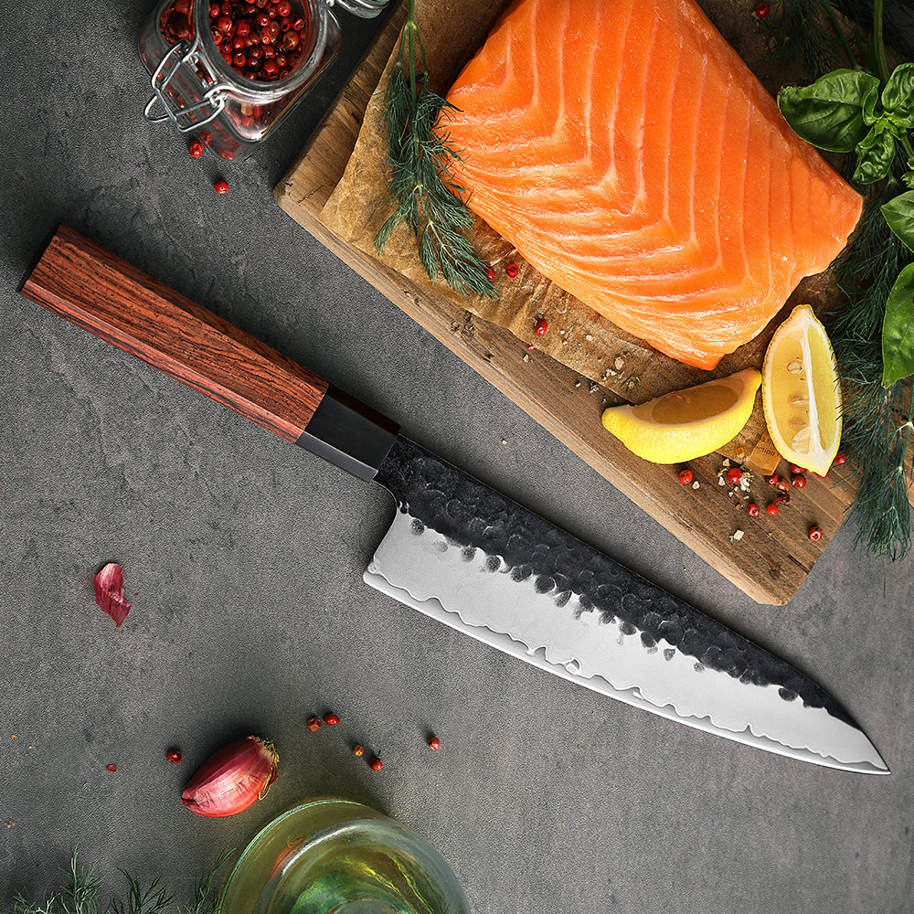 8.5" Damascus Steel Chef Knife -  Red Wood & Buffalo Horn Handle Edition
