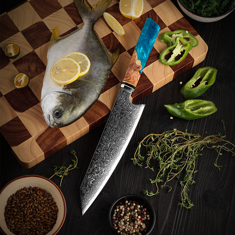 8" Damascus Steel Chef Knife - Green Resin & Wooden Handle Edition
