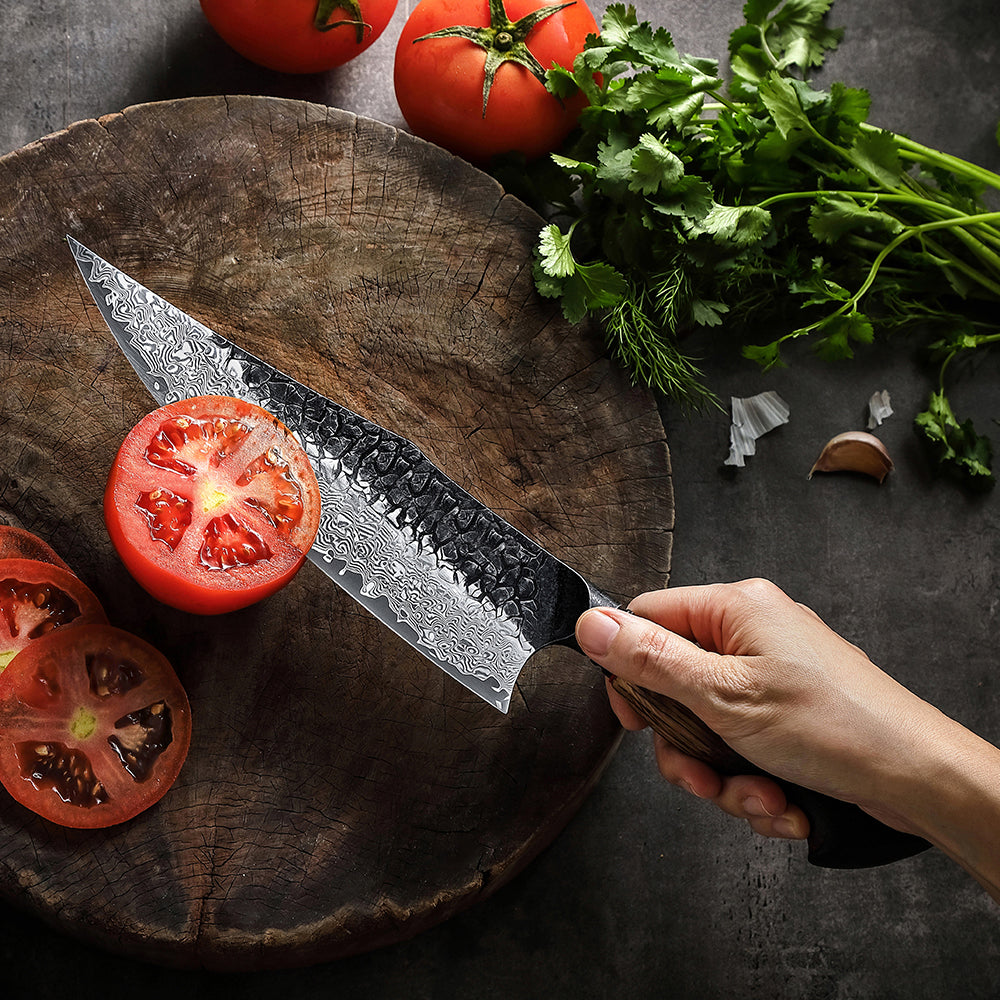 8.5" Damascus Steel Chef Knife - White Oak Burnt Wood Handle Edition