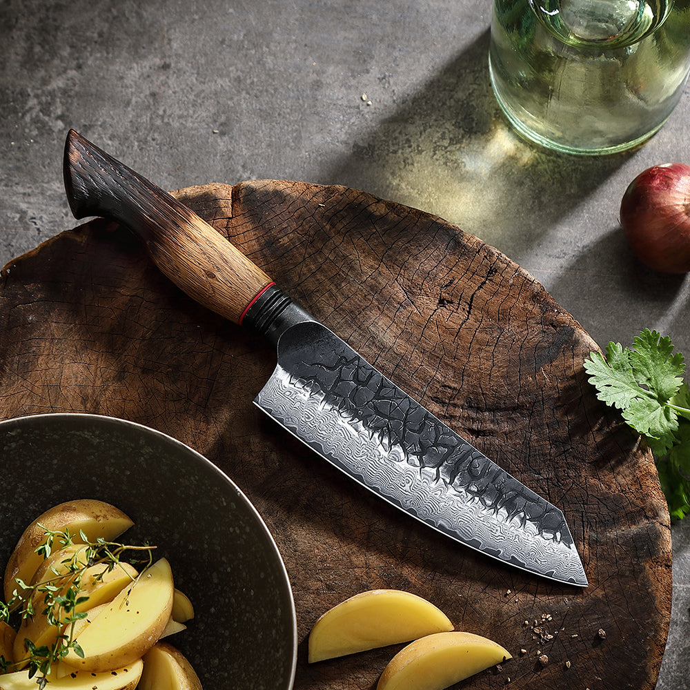 5.5" Damascus Steel Santoku Knife - White Oak Burnt Wood Handle Edition