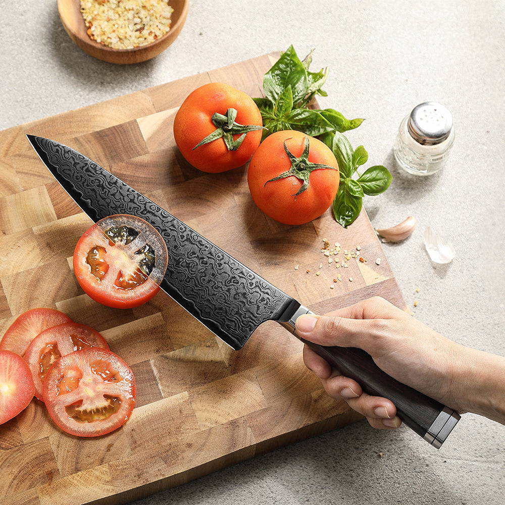 8.3" Damascus Steel Kiritsuke Knife - Ebony Wood Handle Edition