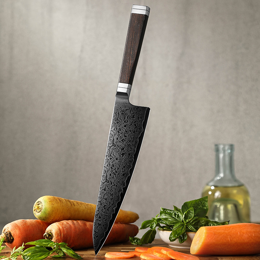 8.3" Damascus Steel Kiritsuke Knife - Ebony Wood Handle Edition