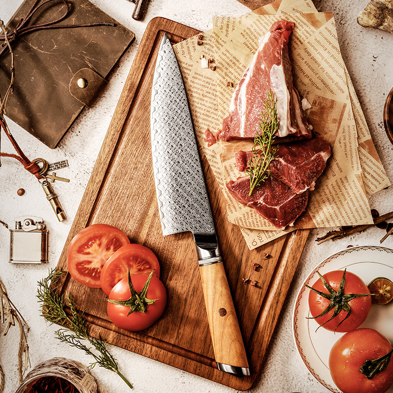 8" Damascus Steel Chef Knife - Olive Wood Handle Edition