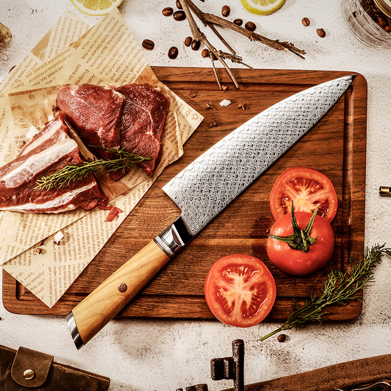 8" Damascus Steel Chef Knife - Olive Wood Handle Edition