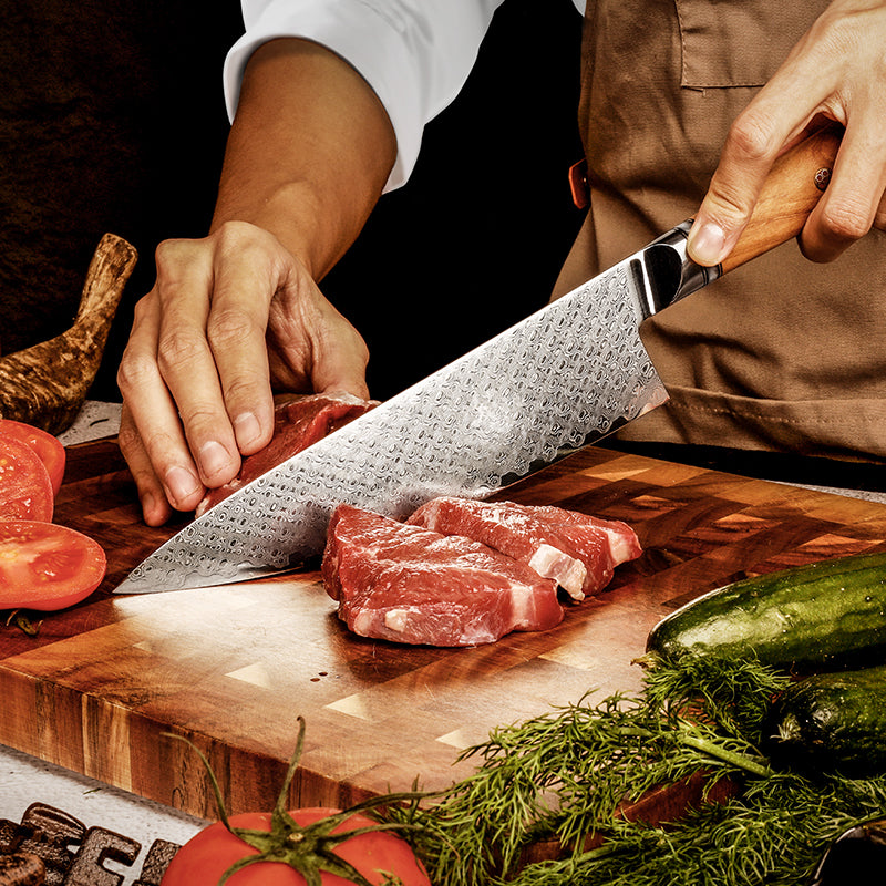 8" Damascus Steel Chef Knife - Olive Wood Handle Edition