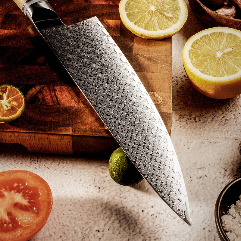 8" Damascus Steel Chef Knife - Olive Wood Handle Edition