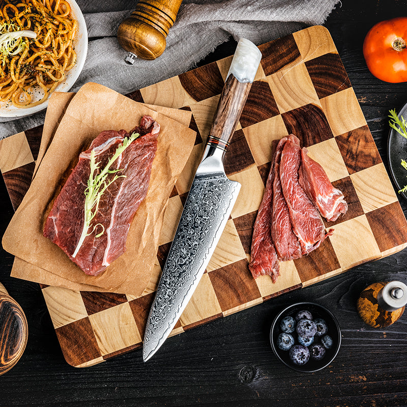 8" Damascus Steel Chef Knife - White Resin & Wood Handle Edition