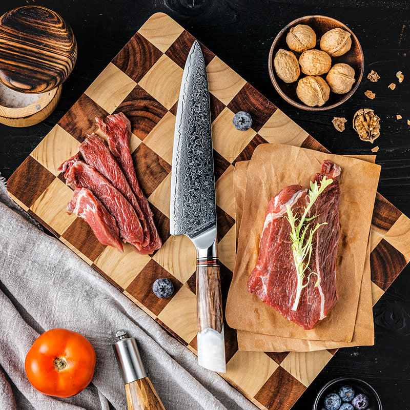8" Damascus Steel Chef Knife - White Resin & Wood Handle Edition