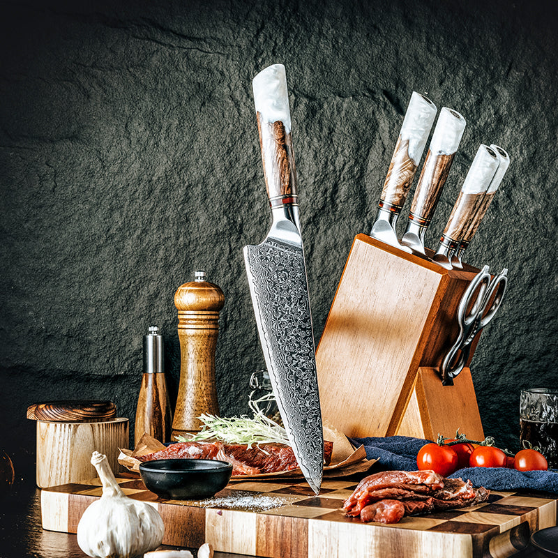 8" Damascus Steel Chef Knife - White Resin & Wood Handle Edition
