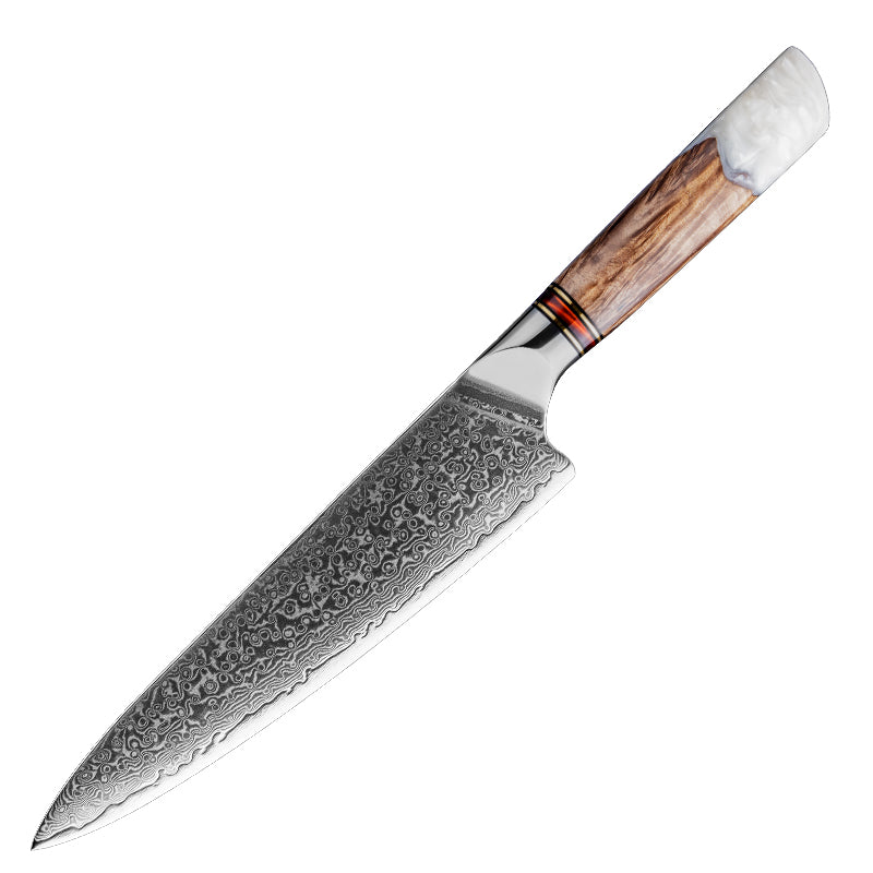8" Damascus Steel Chef Knife - White Resin & Wood Handle Edition